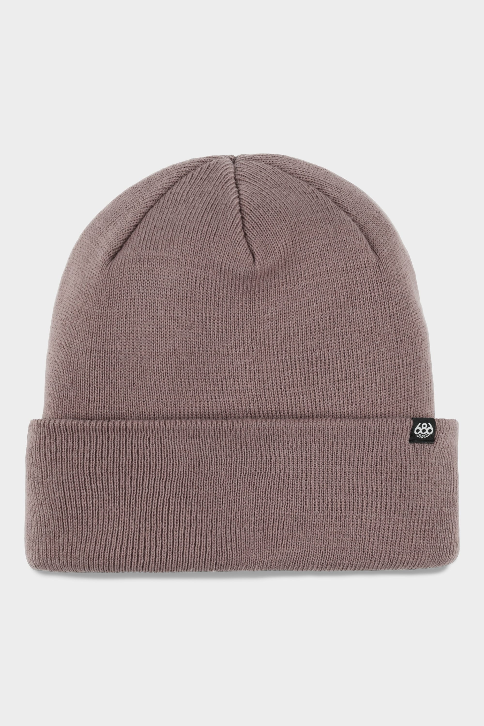 The 686 Standard Roll Up Beanie by 686 is a taupe knit hat with a folded cuff and a small black tag featuring a white logo, shown on a plain white background.