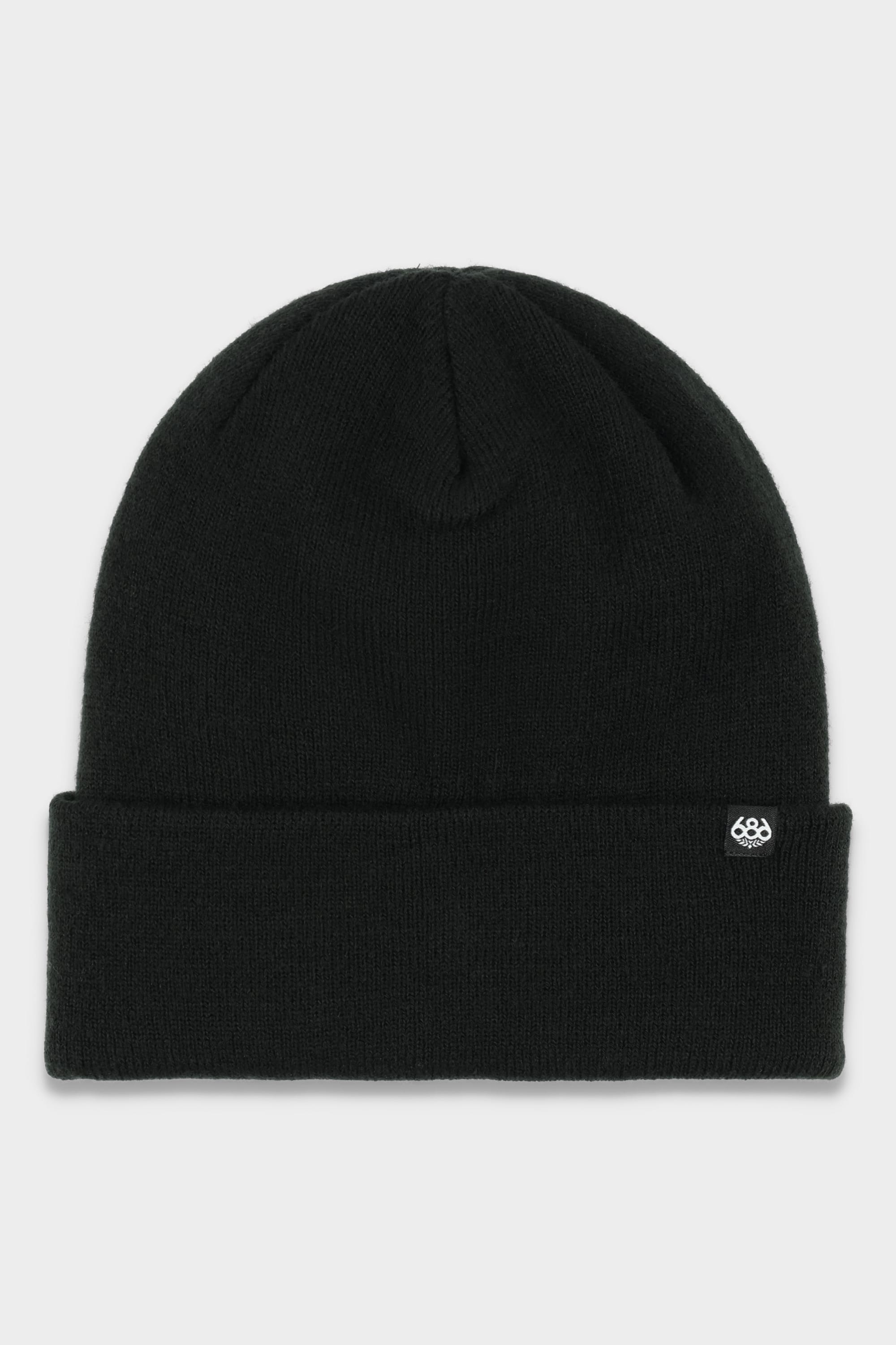 The 686 Standard Roll Up Beanie by 686 is a classic black knit hat with a folded brim and a small white logo tag on the front right side, shown against a light gray background.