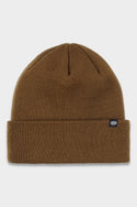 The 686 Standard Roll Up Beanie by 686 is a brown knit hat with a folded brim and a small black tag featuring a white logo on the left side, shown against a white background.