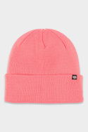 The 686 Standard Roll Up Beanie by 686 is a bright pink knit hat with a folded cuff and a small black tag featuring a white logo on the left side, shown against a plain light gray background.