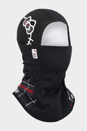 The 686 Alpha Hinged Balaclava (WN2526 Copy) boasts a black design with tartan accents and small 686 logos. It features a white-outlined cartoon cat with a bow, and the front opening displays a white mannequin face for added charm and style.