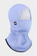 The 686 Alpha Hinged Balaclava (WN2526 Copy) by 686 is light blue with a subtle black logo, featuring a large eye and nose opening. It’s crafted from soft, stretchy material with black trim along the lower edge, all set against a plain white backdrop to emphasize its sleek design.