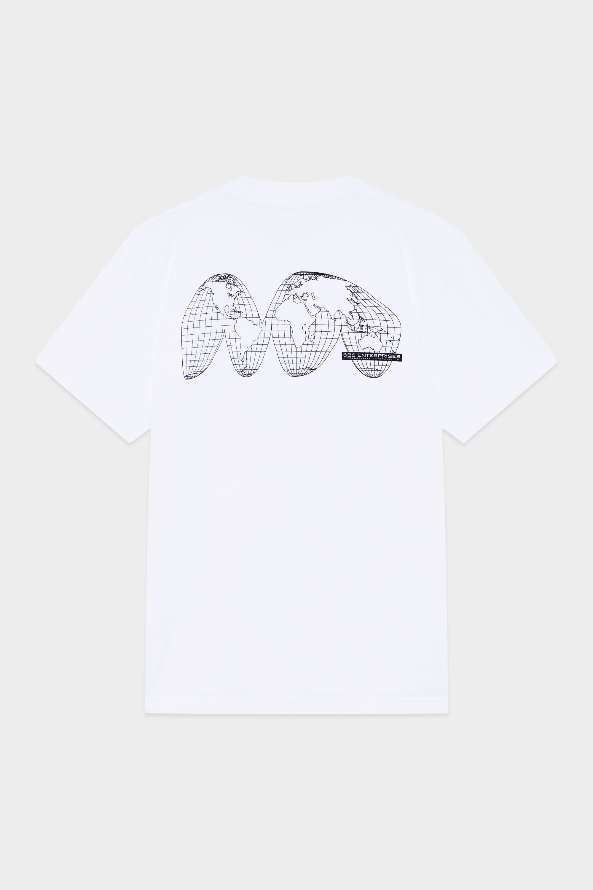 The 686 Mens Global Enterprises Short Sleeve Tee by 686 features a vintage fit and a bold white graphic with a black, stylized, distorted world map across the back for an artistic standout look.