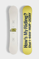 The 686 HUF Outerspace Living Snowboard by 686 features a plain white topside with a yellow snake graphic and a bright yellow base reading “How’s My Riding? Dial 1-888-HUF-2DAY,” both in a freestyle shape.