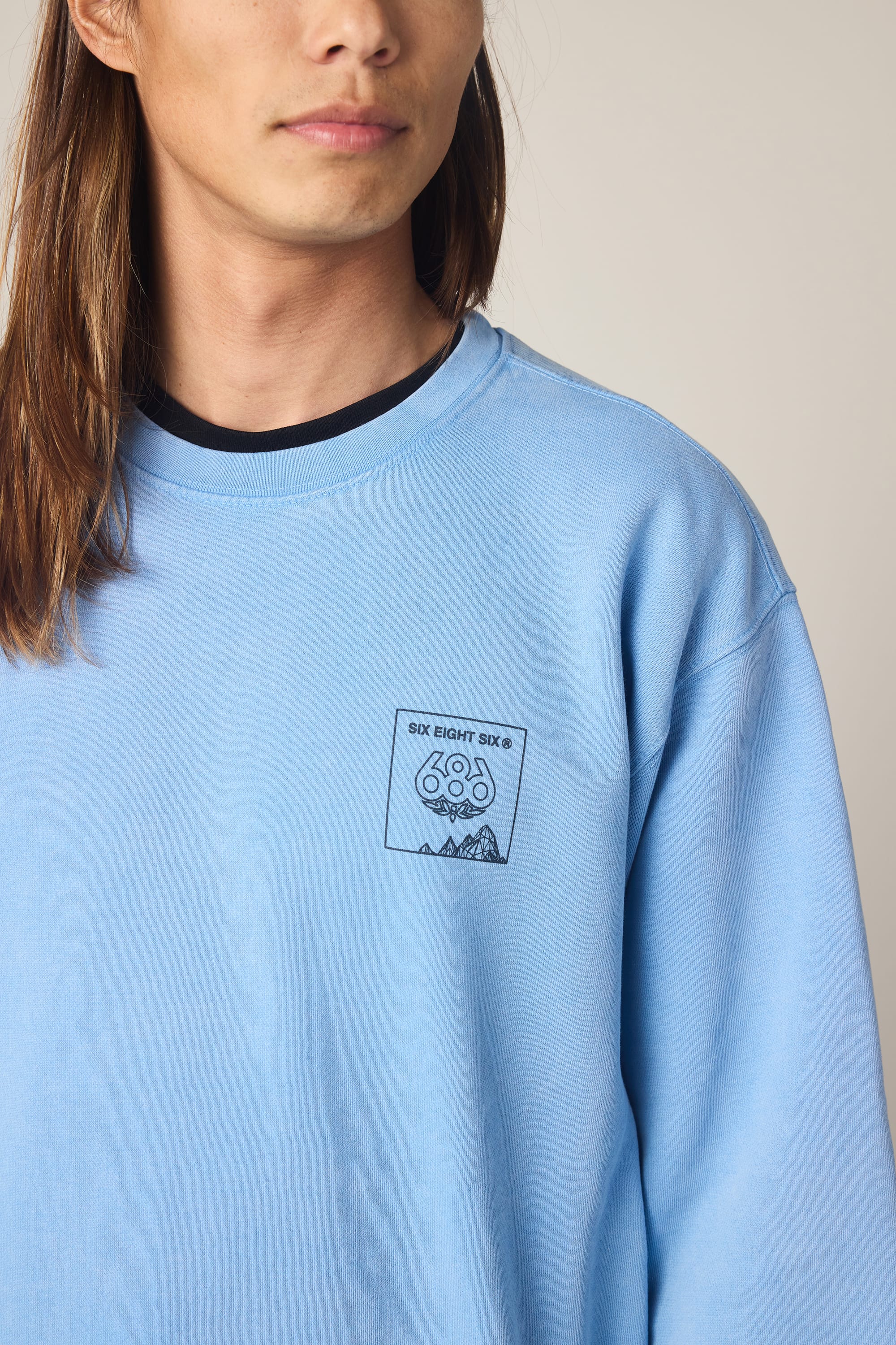 A person with long brown hair wears the 686 Men's Mixed Relaxed LS Crewneck, a light blue cotton t-shirt with a small black SIX EIGHT SIX graphic on the chest; only their upper body and part of their face are visible.