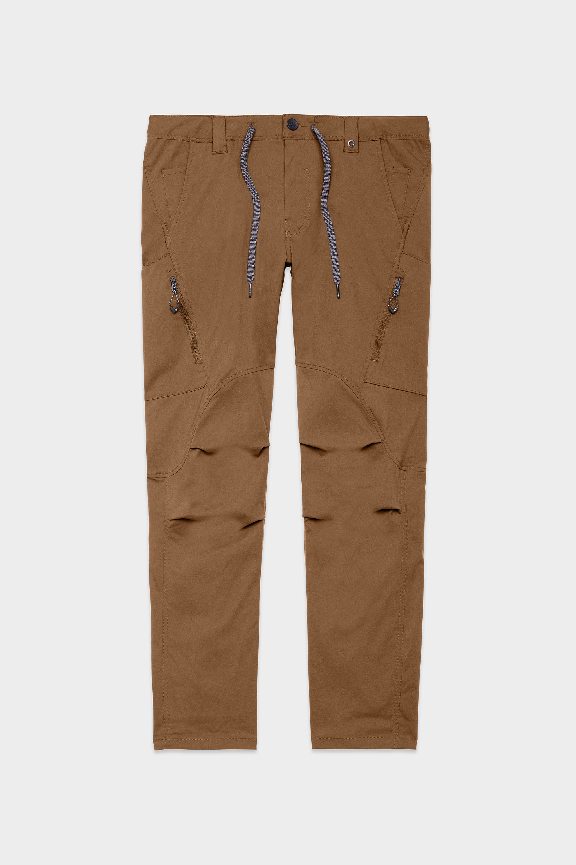 The 686 Mens Anything Cargo Pant - Slim Fit by 686 features a brown color, zippered thigh pockets, breathable fabric, front button and zip closure, belt loops, blue waist drawstring, and a 13-pocket design, shown on a plain light background.