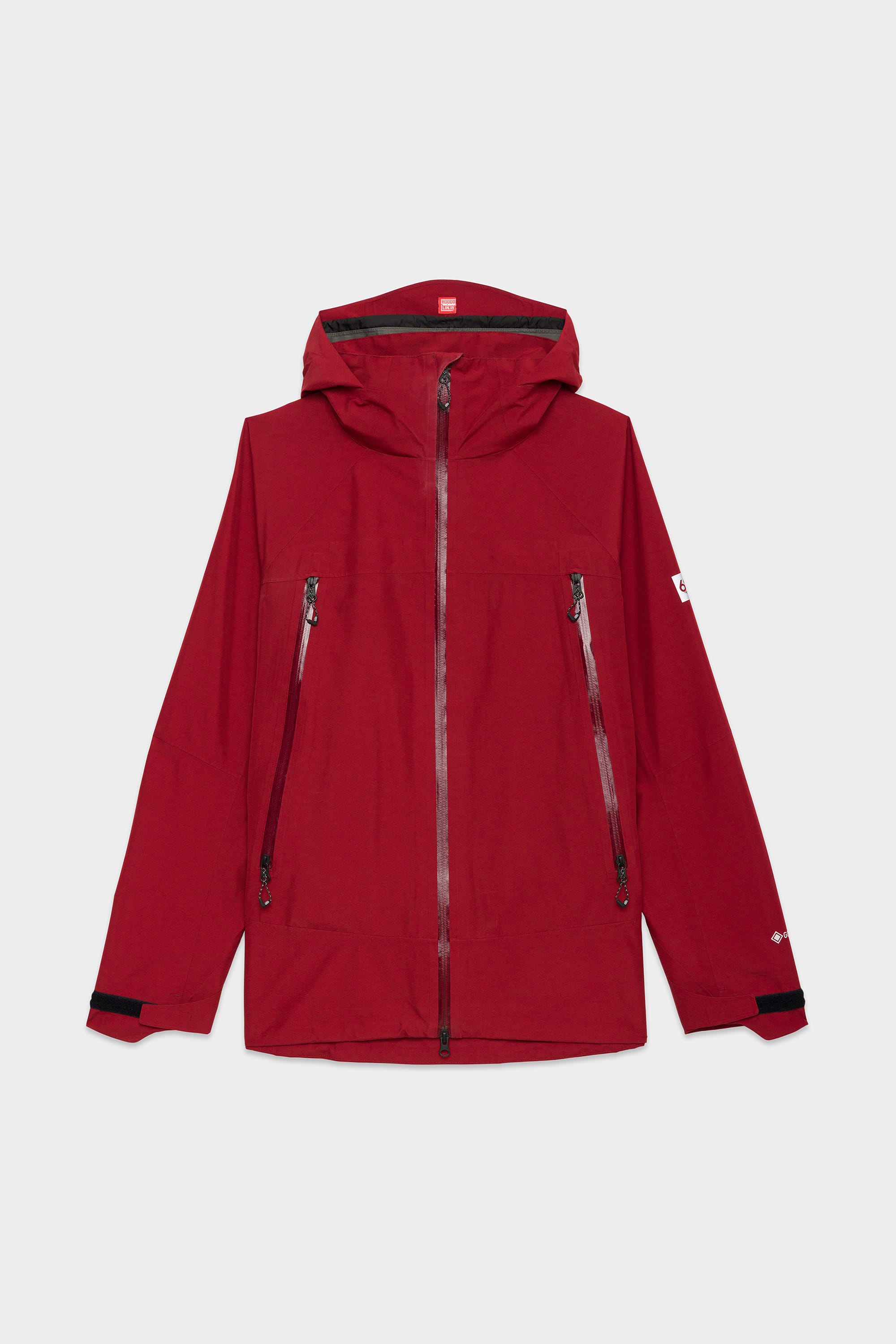 The 686 Mens GORE-TEX PACLITE® Jacket by 686 is a red, hooded waterproof jacket with front zipper, two zippered chest pockets, adjustable cuffs, and a small white logo on the left sleeve—shown against a plain white background.