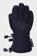 The 686 Youth GORE-TEX Linear Glove, in black, features adjustable wrist straps and reinforced fingertips. A single scaled down glove with a visible GORE-TEX tag is shown against a plain white background.