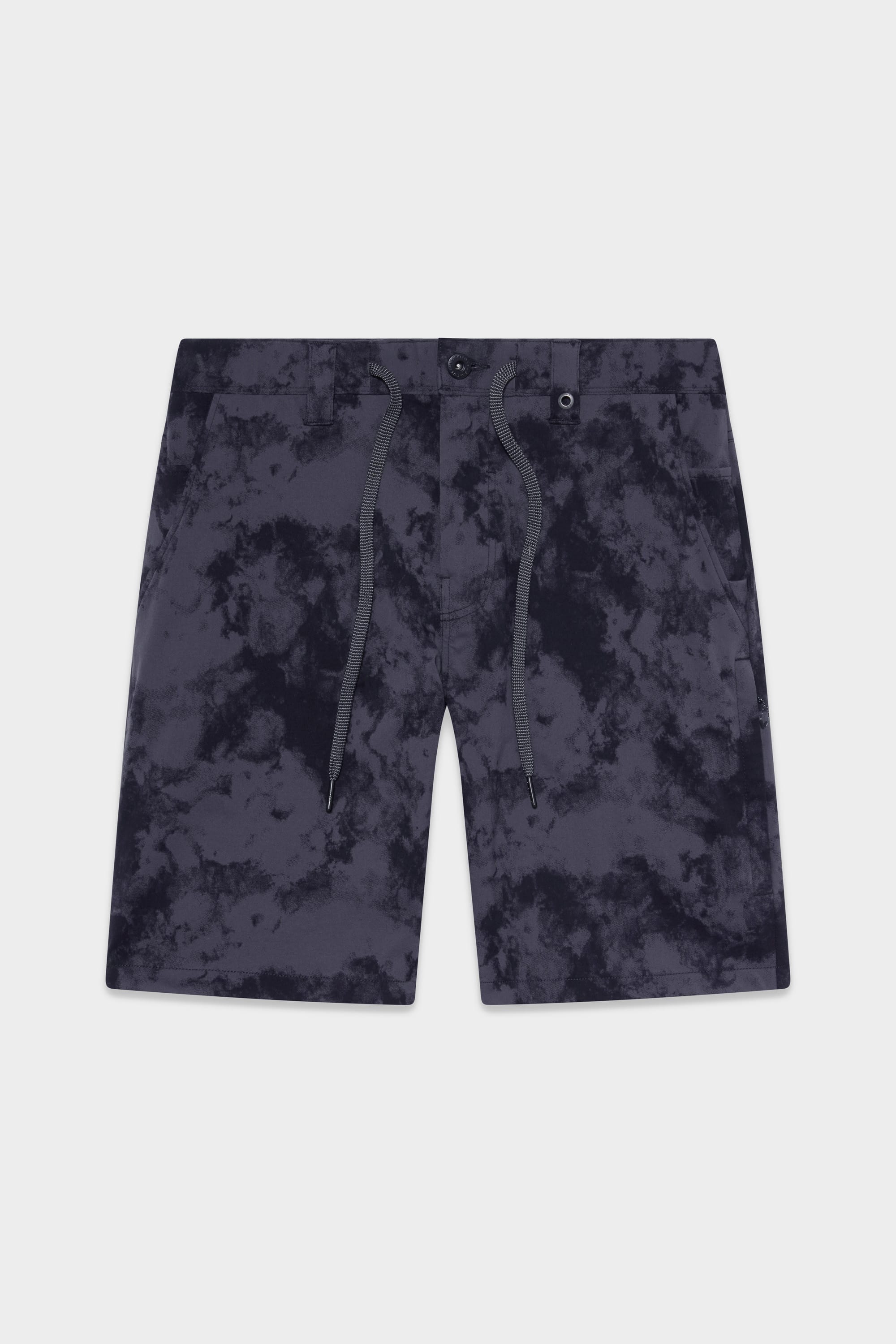 The 686 Mens Everywhere Hybrid Short by 686 in navy blue tie-dye features a drawstring waist, button closure, and side pockets. Breathable and stain-resistant, these shorts offer all-day comfort. Displayed flat on a white background.