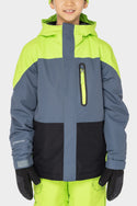 A child wearing the 686 Boys Hydrastash Insulated Jacket in neon green, gray, and black from 686, paired with matching neon green snow pants and black gloves, stands against a plain white background.