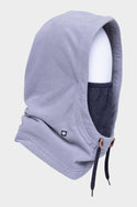 The 686 Tarmac Fleece Hood by 686, shown in gray on a white mannequin head, features adjustable black drawstrings, a built-in face covering, and a small black logo tag—an essential accessory for your hoodie collection.