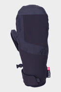 The 686 Mens GORE-TEX Linear Under Cuff Mitt by 686 is a black mitt featuring reinforced stitching, an adjustable wrist strap, and a mitten clip, designed for waterproofing and warmth. Shown on a plain white background.