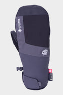 The 686 Mens GORE-TEX Linear Under Cuff Mitt features gray and black colors, a GORE-TEX tag for waterproofing, the 686 logo, and a velcro wrist strap—designed to deliver reliable protection in cold weather.