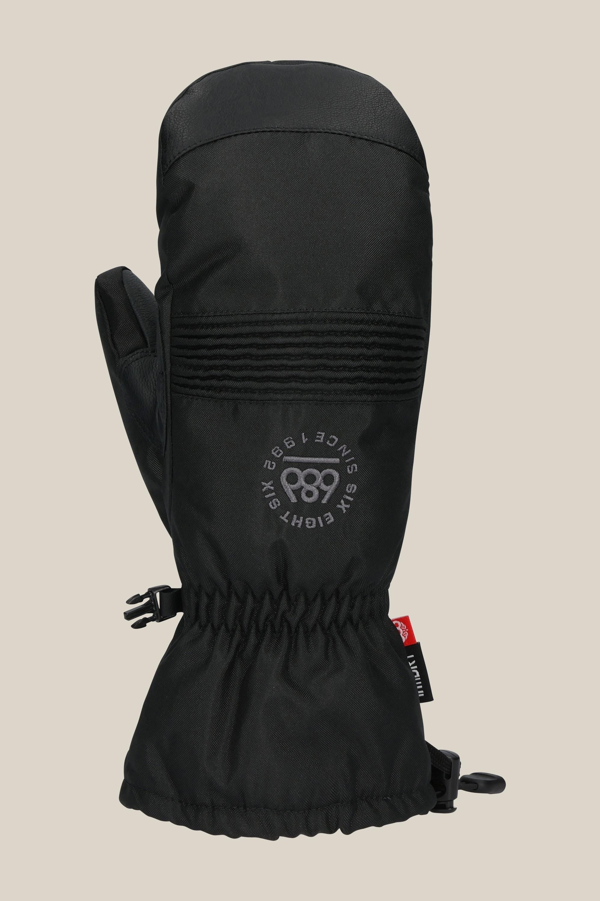 The 686 Lander Mitt by 686 is a single black mitten featuring a cinched wrist, ribbed details, circular 1861 logo, light insulation for warmth, and a small red side tag. Shown against a light beige background.