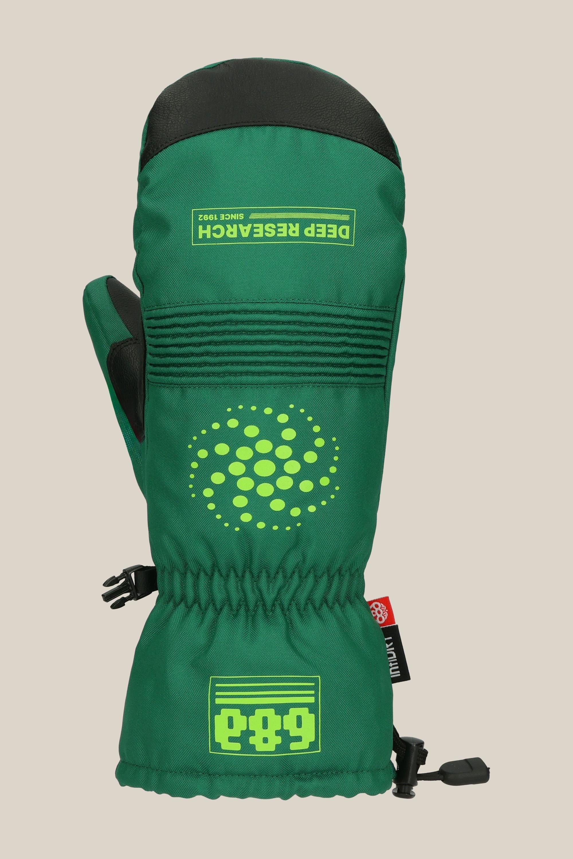 The 686 Lander Mitt by 686 is a green winter mitten with black accents, yellow printed designs, “DEEP RESEARCH” text, and “686” numbers near the cuff. It features light insulation, a clip, adjustable wrist strap, and Soundtouch technology.