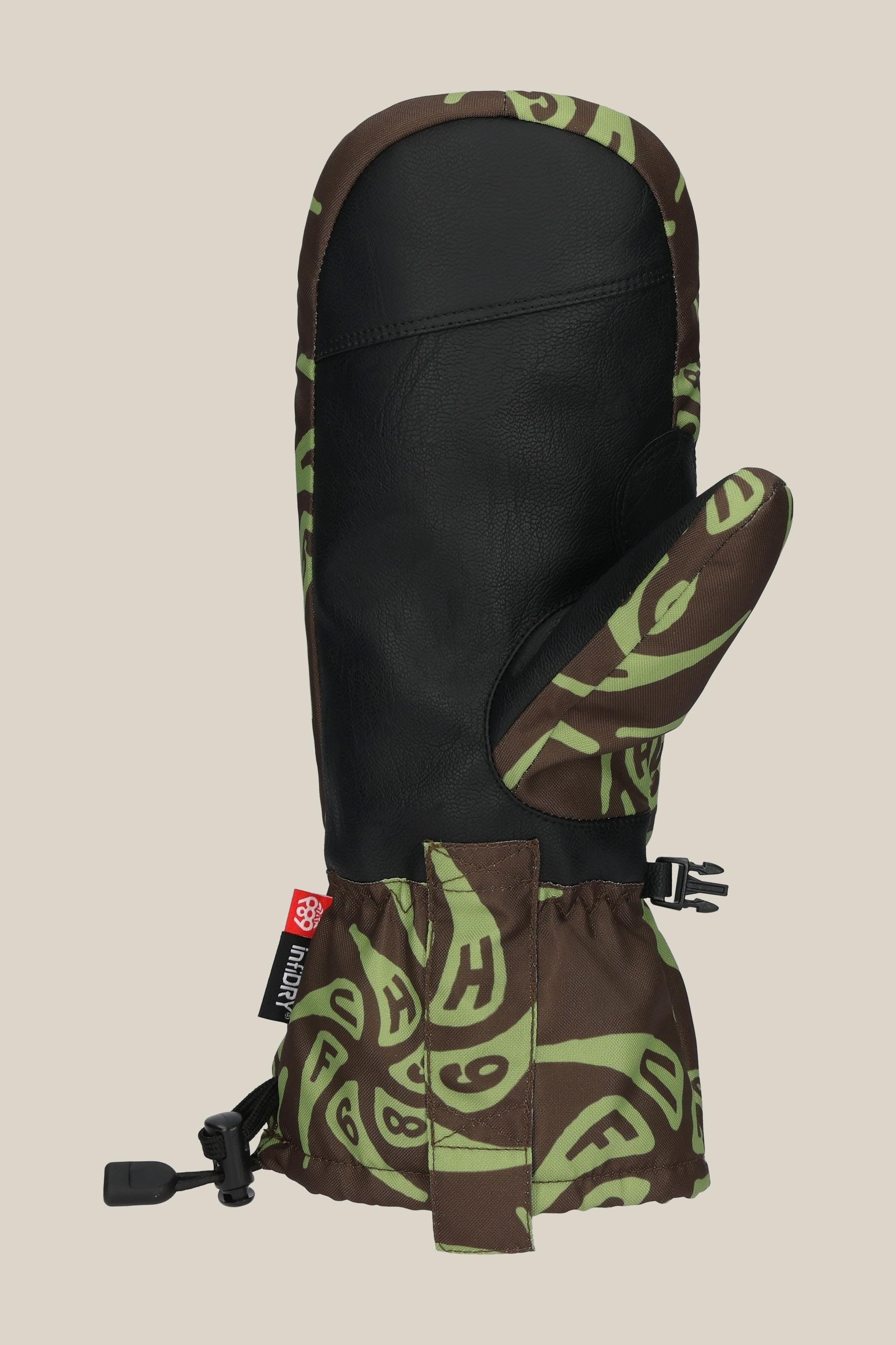 The 686 Lander Mitt by 686 is a single mitten with a black leather palm, brown fabric with a green pattern, adjustable wrist strap, cuff toggle cord, and light insulation for comfort.