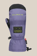 The 686 Lander Mitt by 686 is a purple winter mitten with black accents, light insulation, upside-down yellow SIX EIGHT SIX text, a rectangular patch, and a red side tag, shown on a neutral background.
