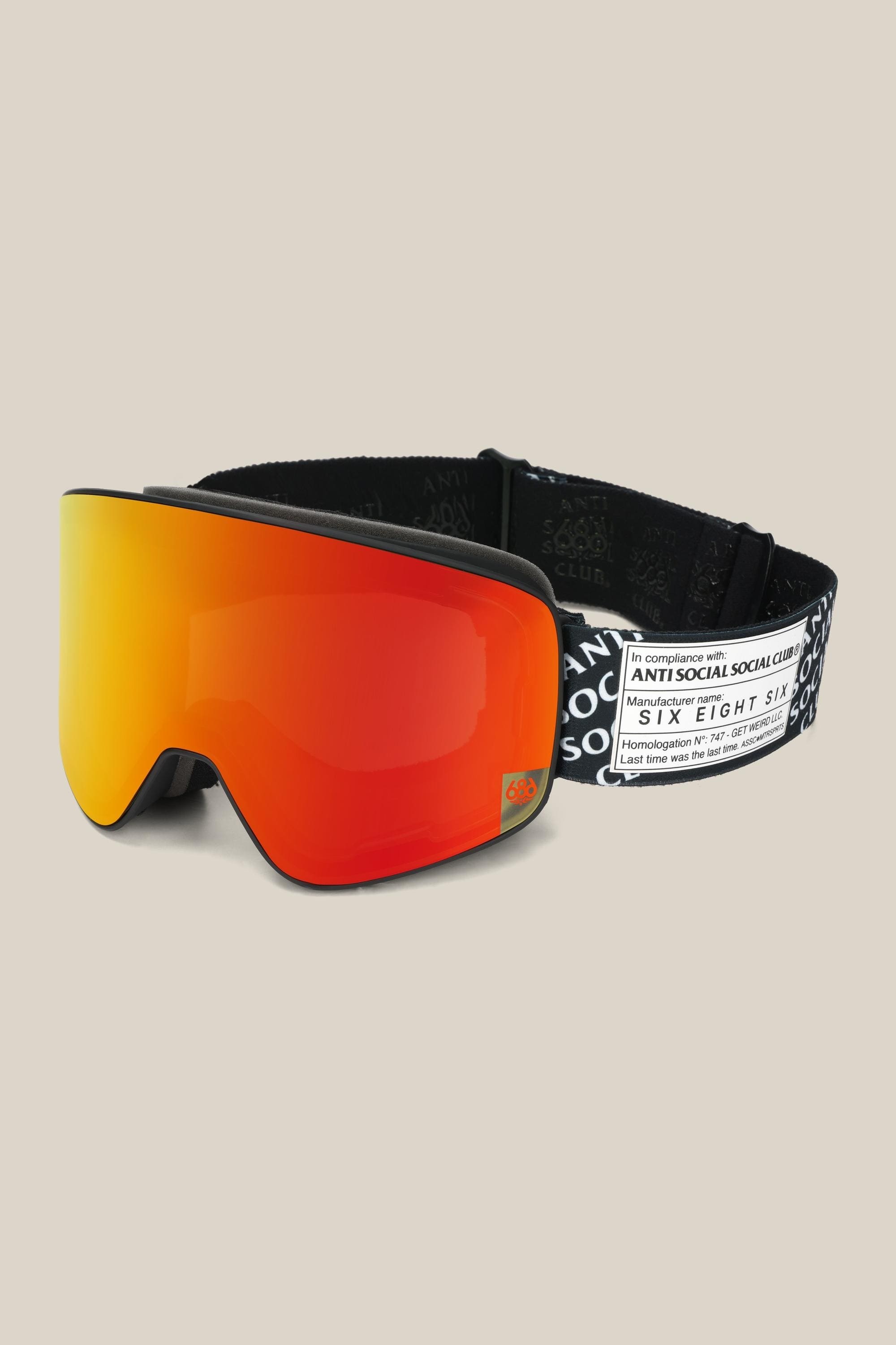 The 686 SMARTY® Magnetic Goggle features a bright red-orange reflective lens and a black strap with white text, designed by 686.