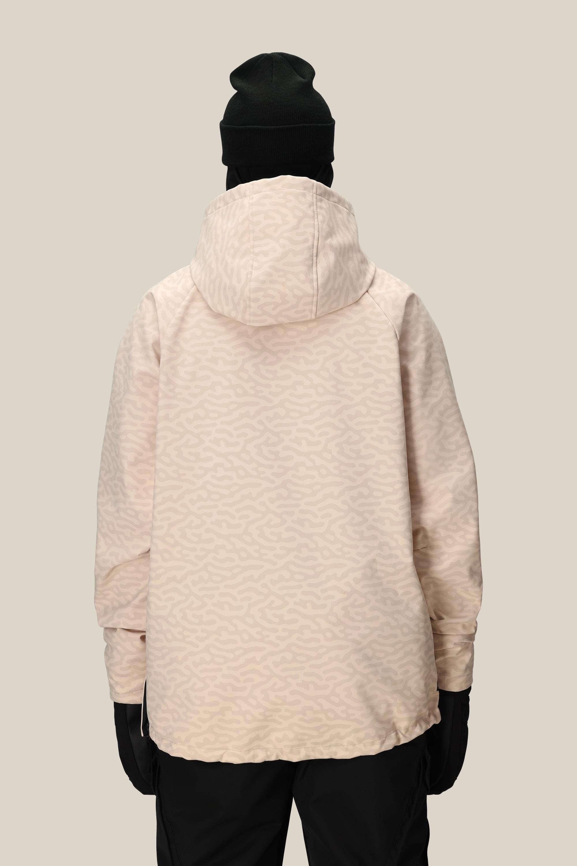 A person is photographed from the back in a 686 Mens Waterproof Hyperchromic Pullover Hoody (light beige pattern, 10k waterproofing) by 686, paired with black beanie, gloves, and pants against a plain light background.