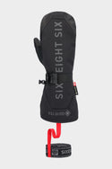 The 686 Mens GORE-TEX Leather Deep Days Mitt is a black leather mitt with GORE-TEX waterproofing, a wrist cinch buckle, and a detachable wrist leash featuring a red strap and black branded band.