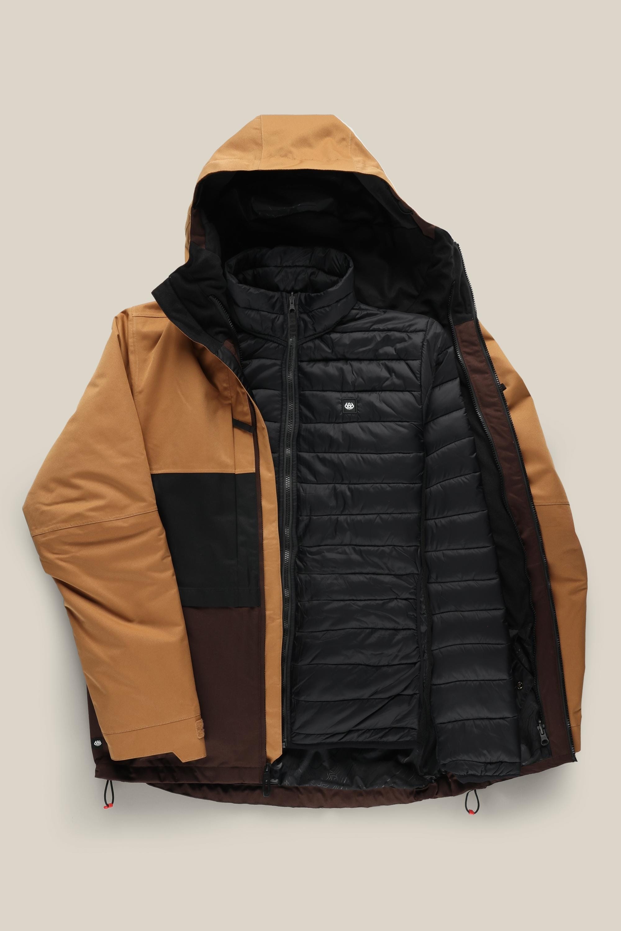 The 686 Mens Smarty 3-In-1 Form Jacket by 686, in brown and black, is displayed unzipped on a neutral background to show its black quilted inner layer.