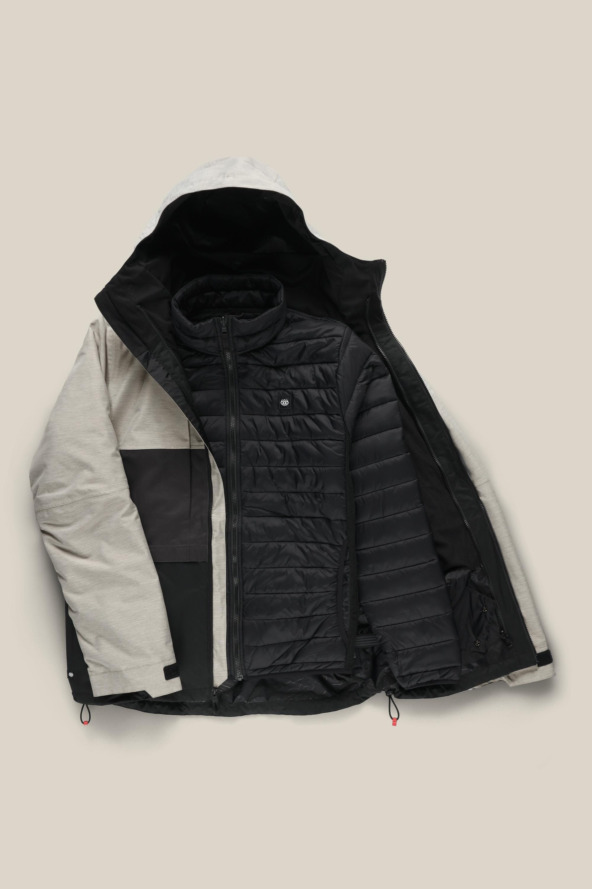The 686 Mens Smarty 3-In-1 Form Jacket by 686, shown open on a light neutral background, features beige and black color-blocking, a hood, zipper details, and a black quilted inner lining for stylish comfort.