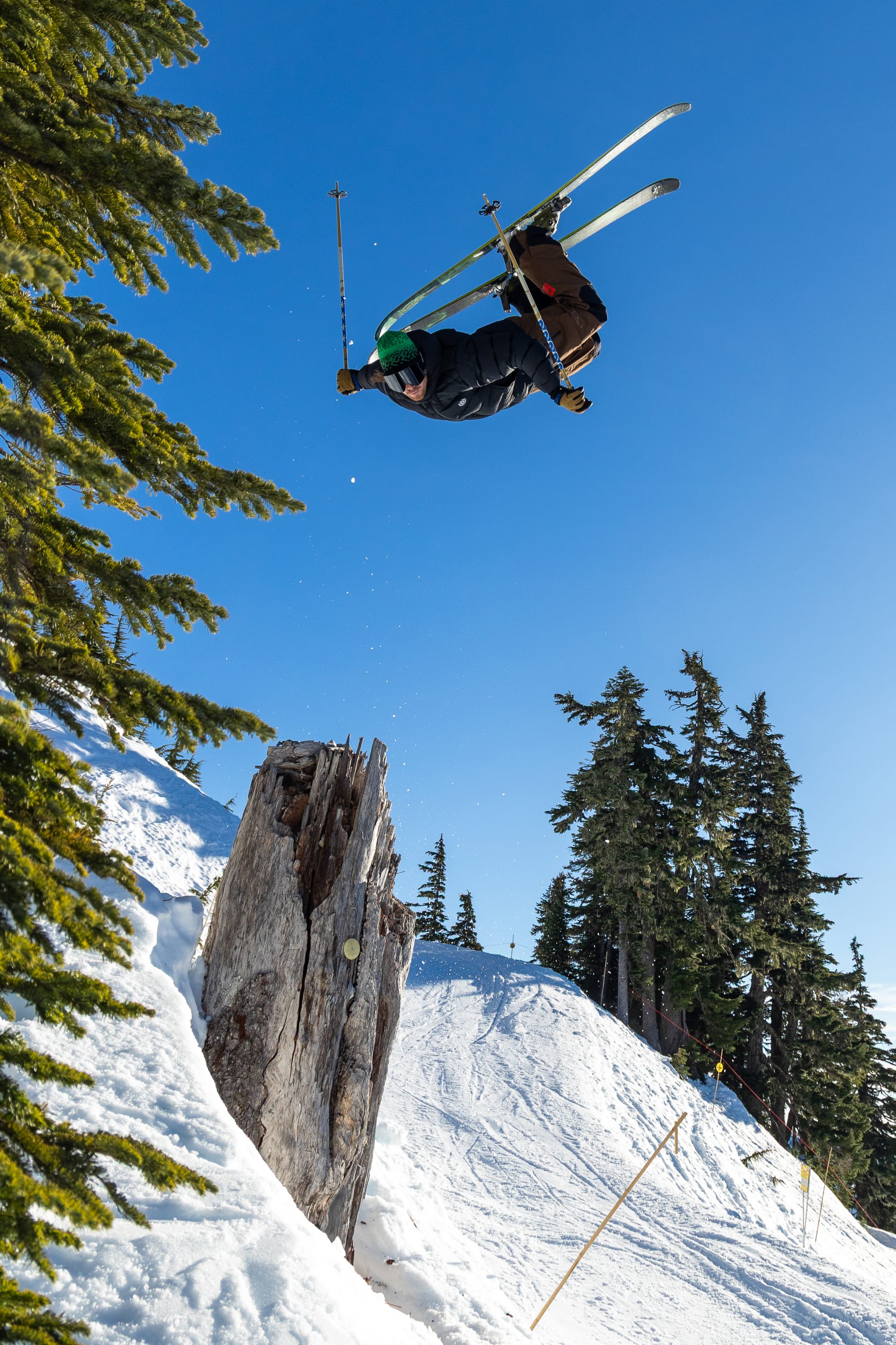 Wearing the 686 Men’s GORE-TEX® Dispatch™ Shell Bib, a skier launches into an aerial flip above a snowy slope near a tree stump, surrounded by evergreen trees and set against a clear blue sky.