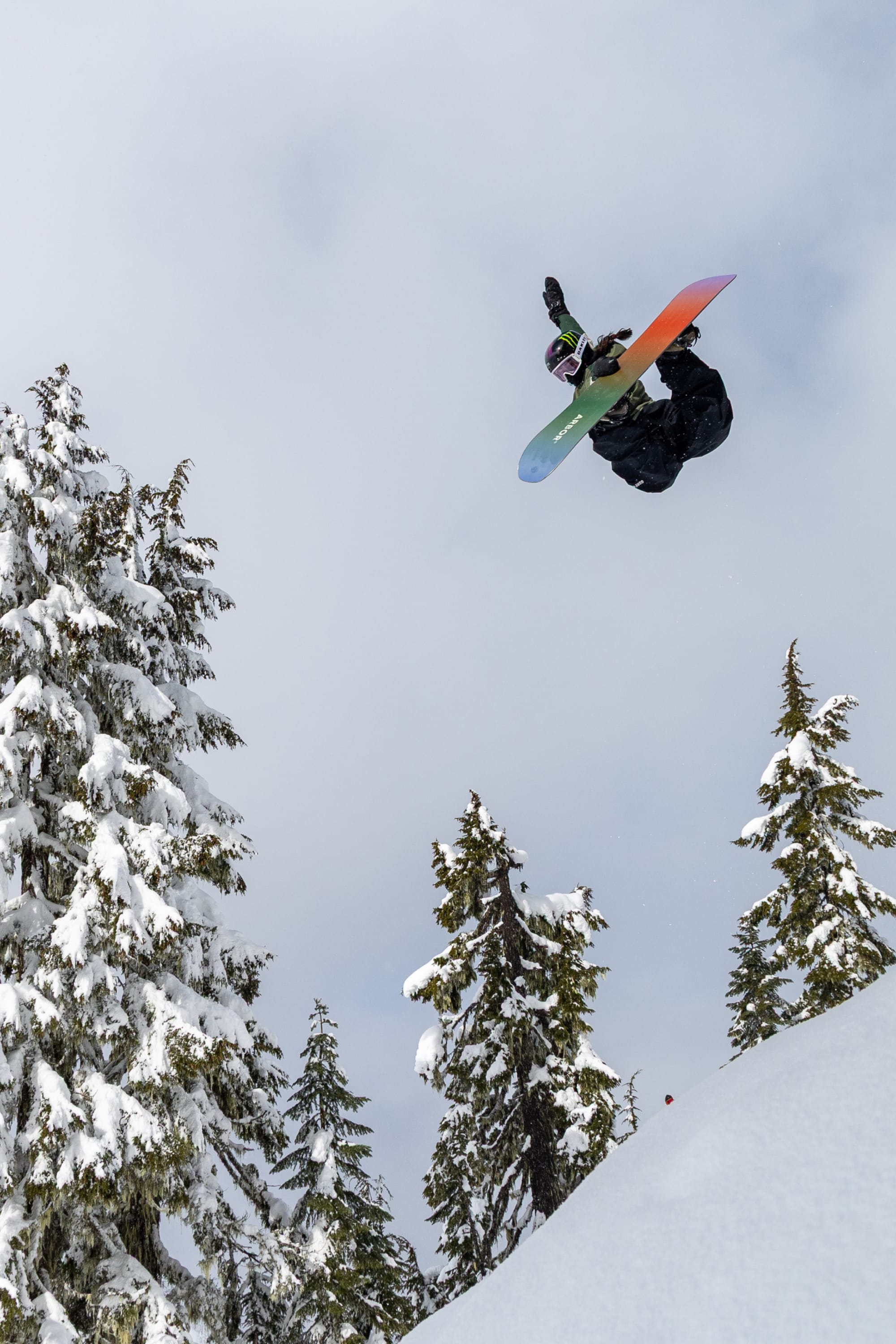 Wearing the 686 Women’s Outline™ Shell Anorak by 686, a snowboarder soars mid-air while performing a trick above a snow-covered slope, surrounded by tall, snow-laden evergreens beneath a cloudy sky.