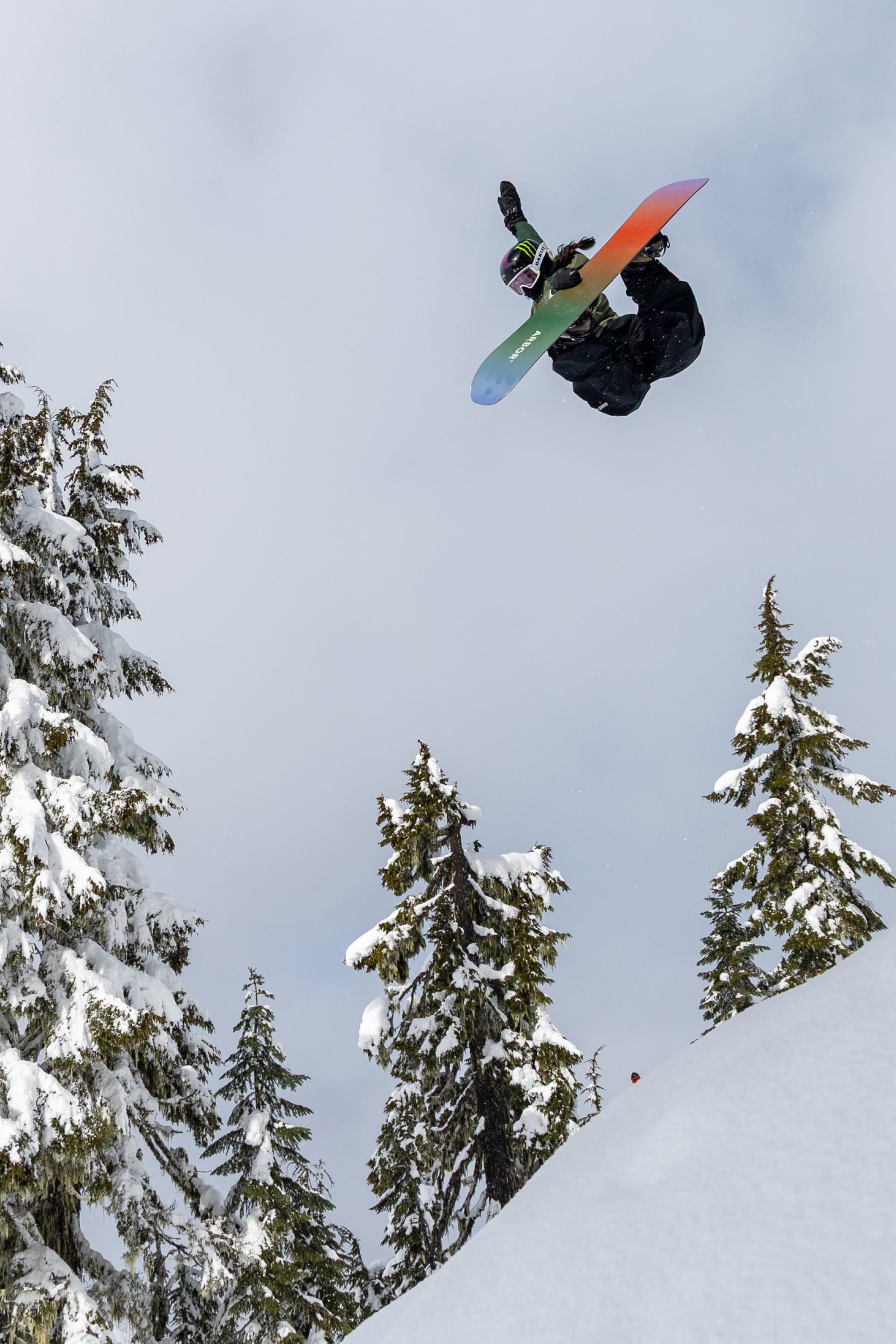 Soaring above a snowy slope lined with snow-covered pines beneath a cloudy sky, a snowboarder performs a trick while showcasing her 686 Women’s GORE-TEX® Outline™ Pant by 686—sleek waterproof nylon pants crafted for ultimate comfort and protection.
