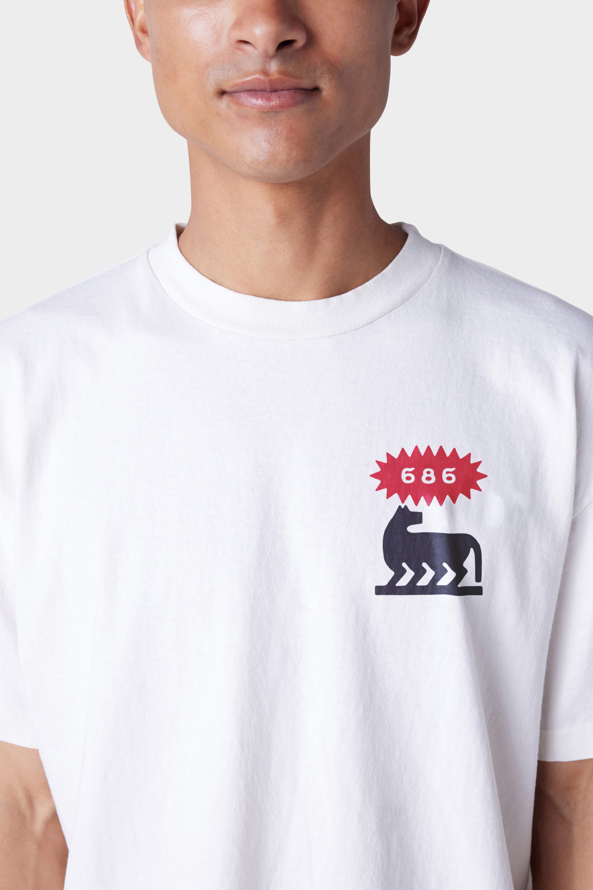 A person wearing the 686 Mens Under the Summer Sun Short Sleeve Tee featuring a black dog graphic with a red burst and white 666 text. The persons face is partially visible. Brand: 686.