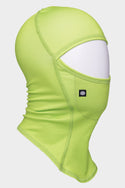 The 686 Youth Bolt Balaclava by 686 is shown in bright green on a white mannequin head, side view, featuring visible stitching and a small black logo tag on the cheek.
