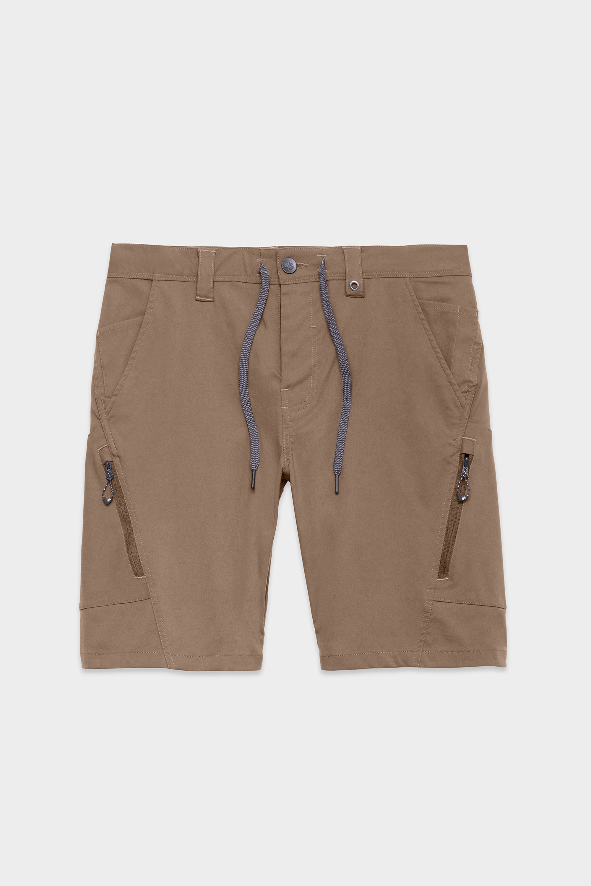 The 686 Mens Anything Hybrid Cargo Short by 686 features a minimalist tan design, knee-length cut, button and zipper closure, side drawstrings, belt loops, and two zippered pockets—ideal for urban or trail adventures.