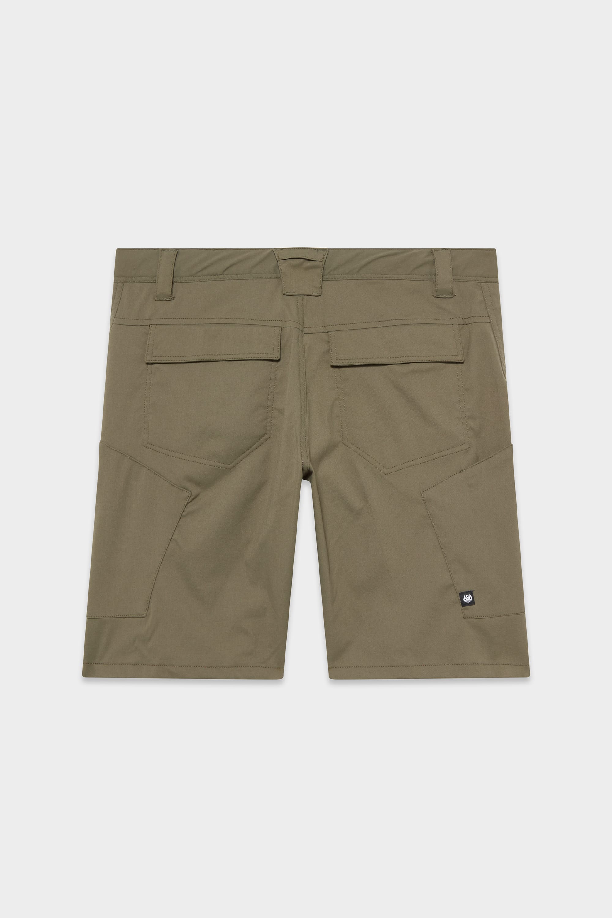 Shown from the back, the 686 Mens Anything Hybrid Cargo Short in olive green has two large flap back pockets, belt loops, and a small black logo tag—ideal minimalist design for block or trail adventures.