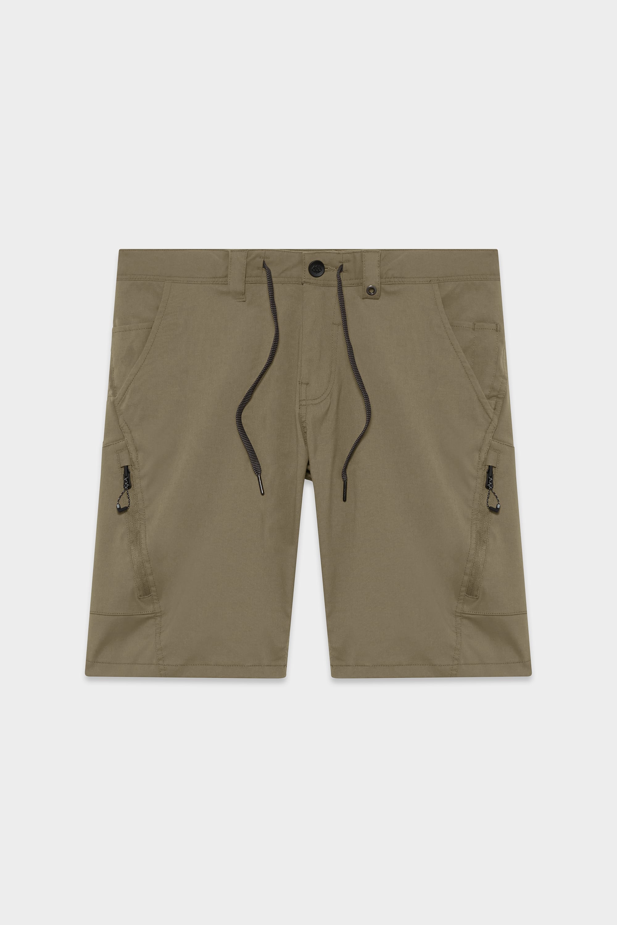 The 686 Mens Anything Hybrid Cargo Short by 686 in olive green features a minimalist design with black drawstrings, button and zipper fly, front pockets, and two zippered side pockets, shown on a white background.