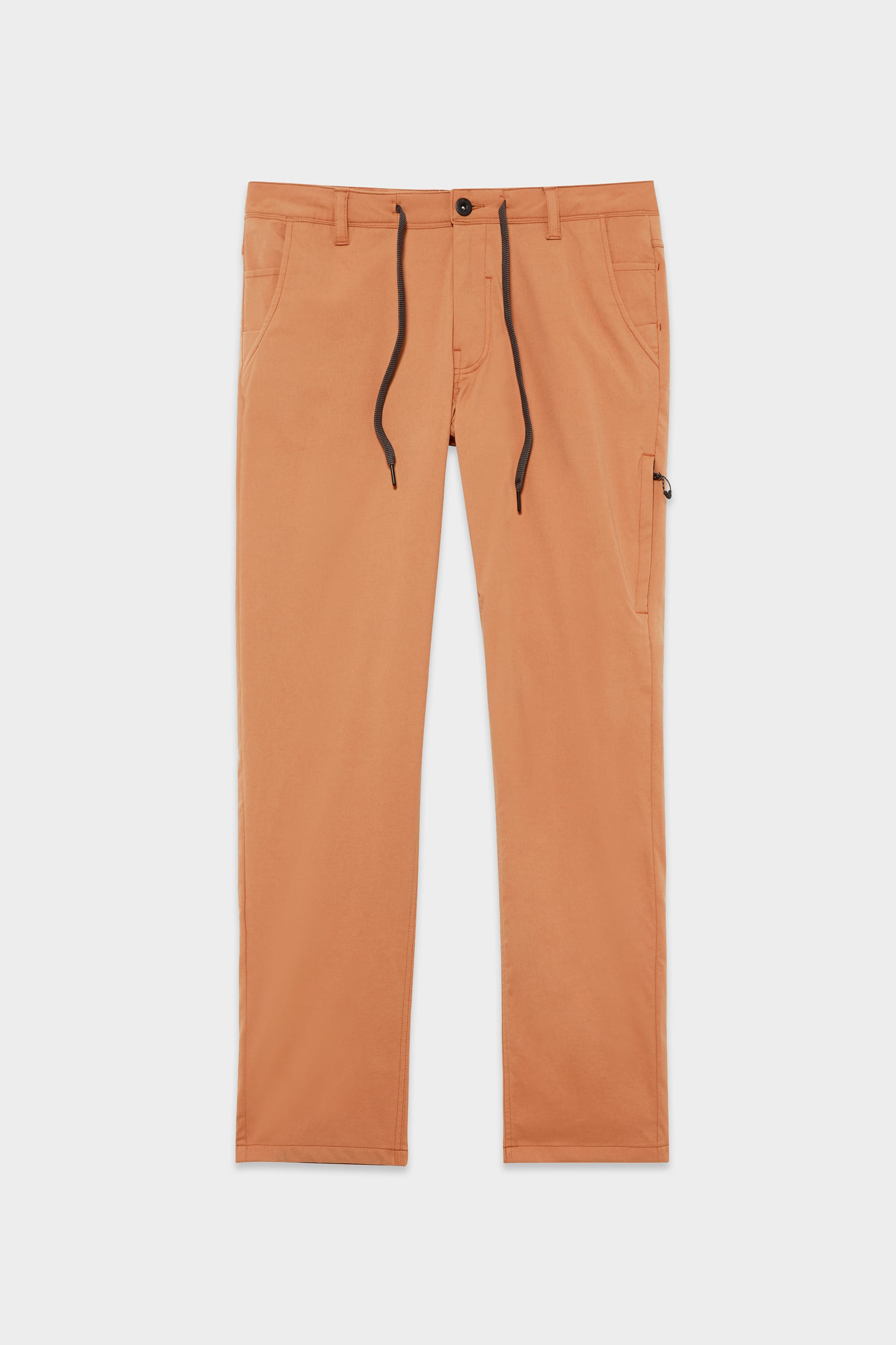 The 686 Mens Everywhere Merino-Lined Pant - Slim Fit features a straight-leg cut, front pockets, belt loops, button and zip closure with black drawstrings. Designed by 686 to keep you warm and dry in cold weather. Shown laid flat on a white background.