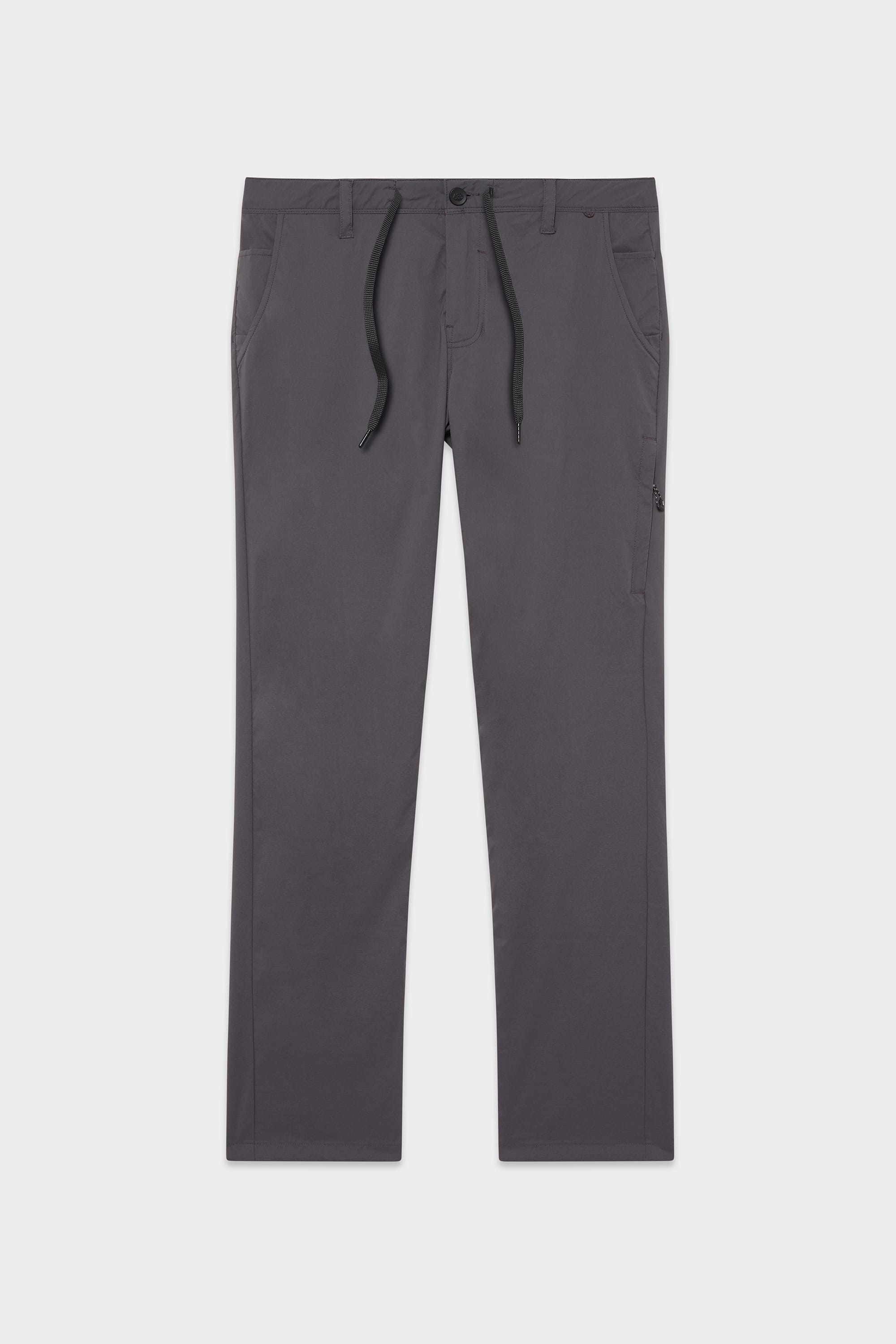 The 686 Mens Everywhere Featherlight Chino Pant - Relaxed Fit by 686 is a pair of straight-leg, dark gray pants featuring front and back pockets, button and zip closure, and a black drawstring at the waistband, shown laid flat on a white background.