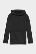 The 686 Womens Mission Grid Fleece Hoody by 686 is a black, long-sleeve pullover featuring a relaxed fit, front kangaroo pocket, and subtle textured pattern, shown on a plain white background.