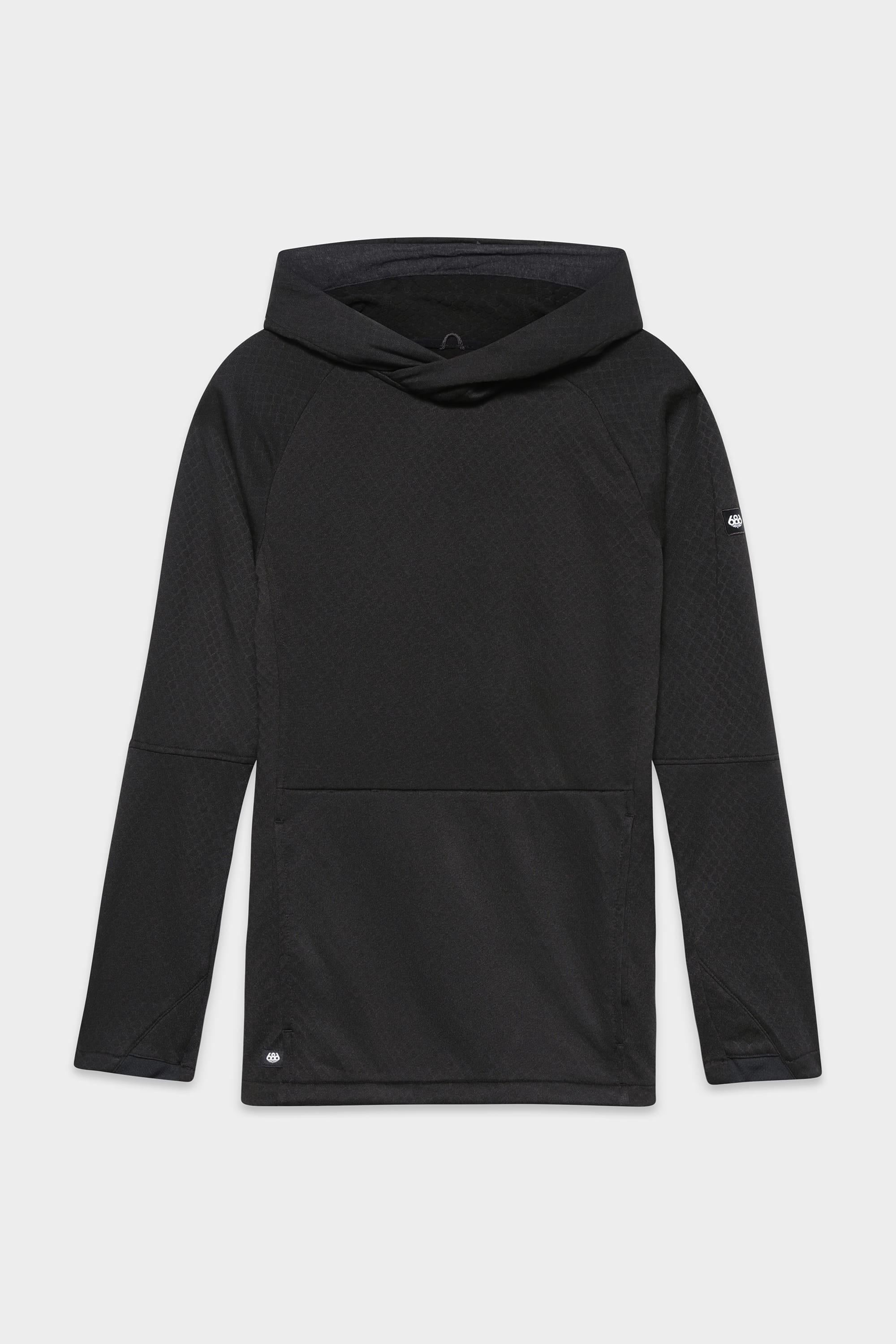 The 686 Womens Mission Grid Fleece Hoody by 686 is a black, long-sleeve pullover featuring a relaxed fit, front kangaroo pocket, and subtle textured pattern, shown on a plain white background.
