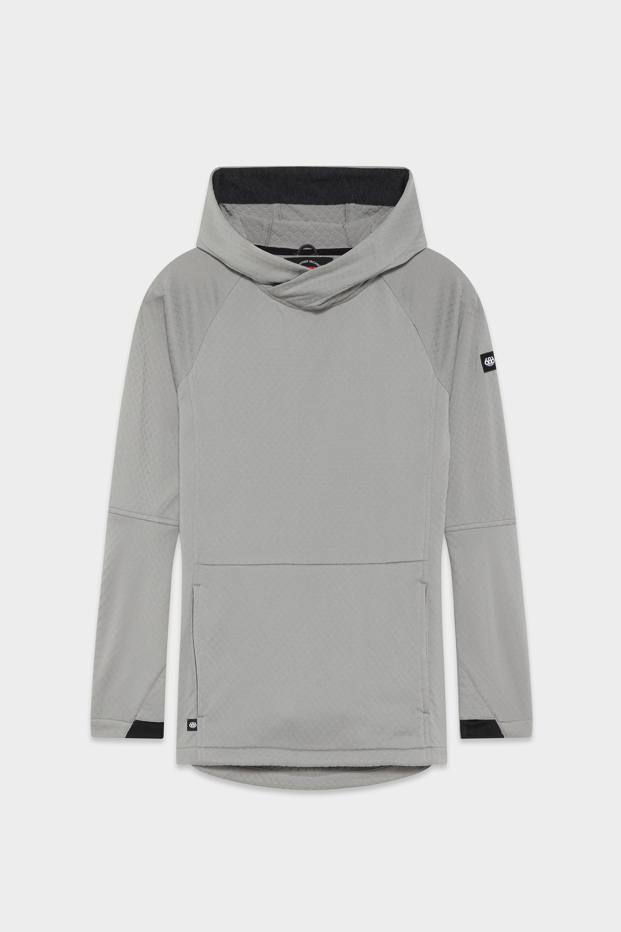 The 686 Womens Mission Grid Fleece Hoody by 686 is a light grey, long-sleeve hooded pullover with a subtle textured pattern, black trim on the cuffs, a black logo patch on the left upper sleeve, side pockets, and a relaxed fit.