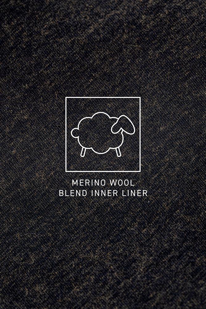 A simple line drawing of a sheep inside a square with MERINO WOOL BLEND INNER LINER below, set on a dark fabric-like background, highlights the 686 Mens Everywhere Merino-Lined Pant - Slim Fits cozy warmth for cold weather.